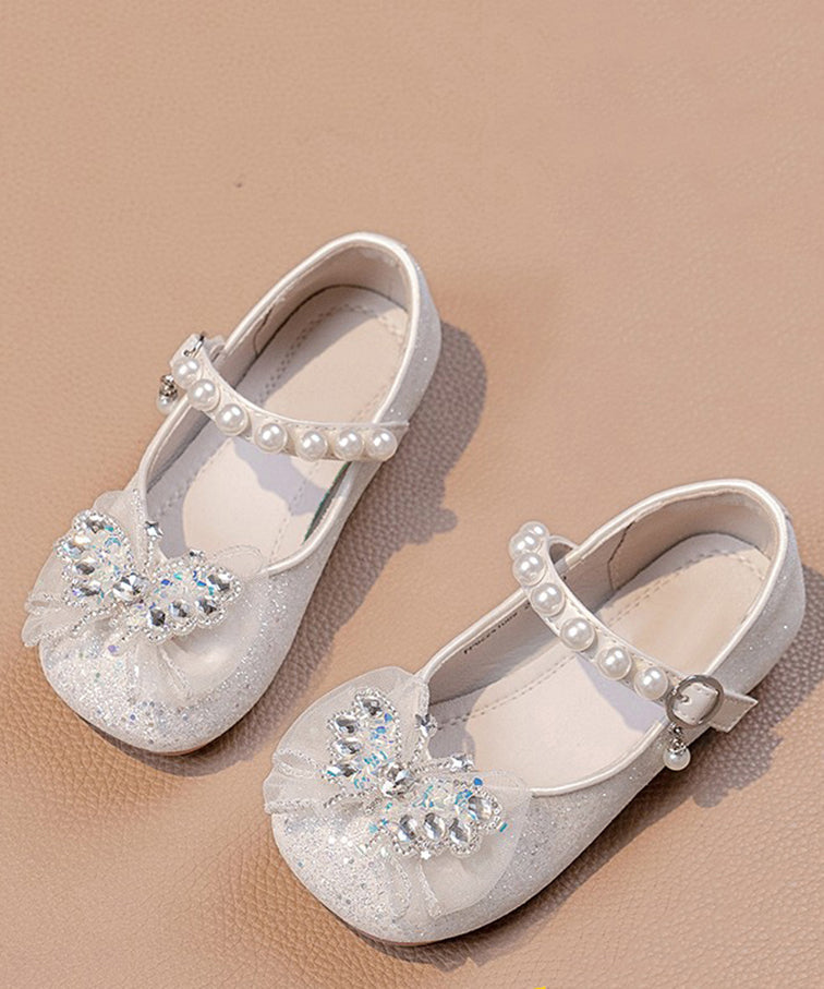 Silvery Pearl Zircon Faux Leather Buckle Strap Kids Flat Shoes