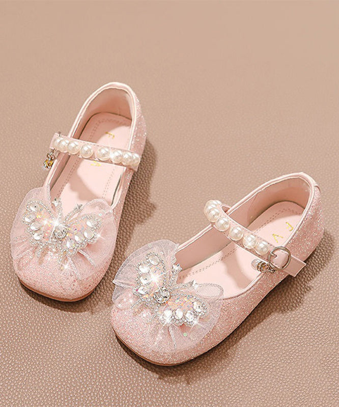 Silvery Pearl Zircon Faux Leather Buckle Strap Kids Flat Shoes