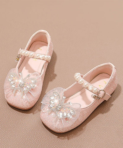 Silvery Pearl Zircon Faux Leather Buckle Strap Kids Flat Shoes