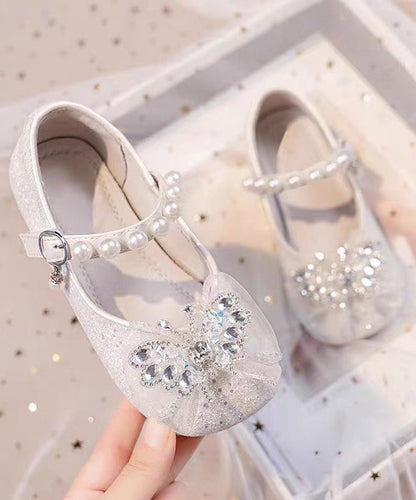 Silvery Pearl Zircon Faux Leather Buckle Strap Kids Flat Shoes