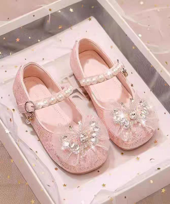 Silvery Pearl Zircon Faux Leather Buckle Strap Kids Flat Shoes