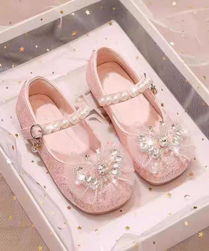 Silvery Pearl Zircon Faux Leather Buckle Strap Kids Flat Shoes
