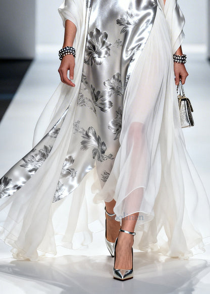 Silvery Print Patchwork Draping Silk Long Dress Summer