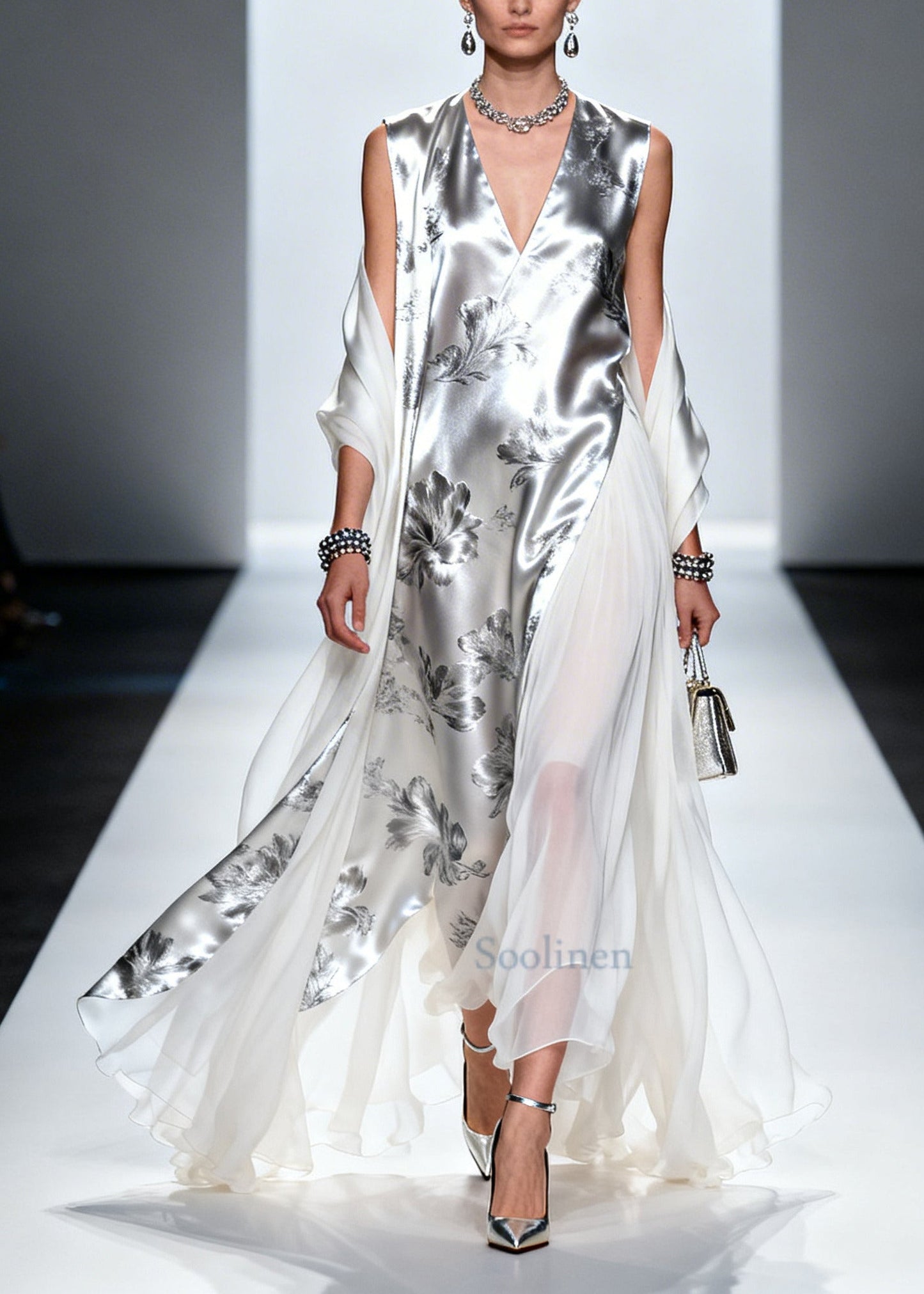 Silvery Print Patchwork Draping Silk Long Dress Summer