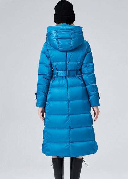 Sky Blue Hooded Sashes Lengthen Duck Down Down Coat Winter