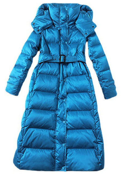 Sky Blue Hooded Sashes Lengthen Duck Down Down Coat Winter
