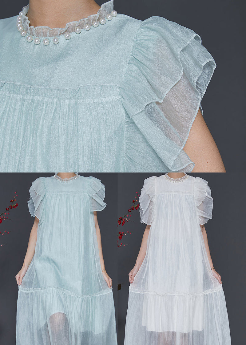 Sky Blue Ruffled Silk Maxi Dresses Summer