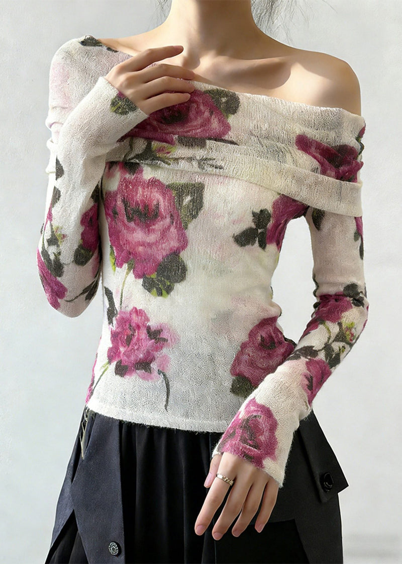 Slash Neck Print Knitting Cotton T Shirt Spring