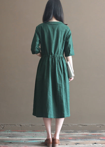 Green Drawstring Peter Pan Collar Linen Long Dress Half Sleeve