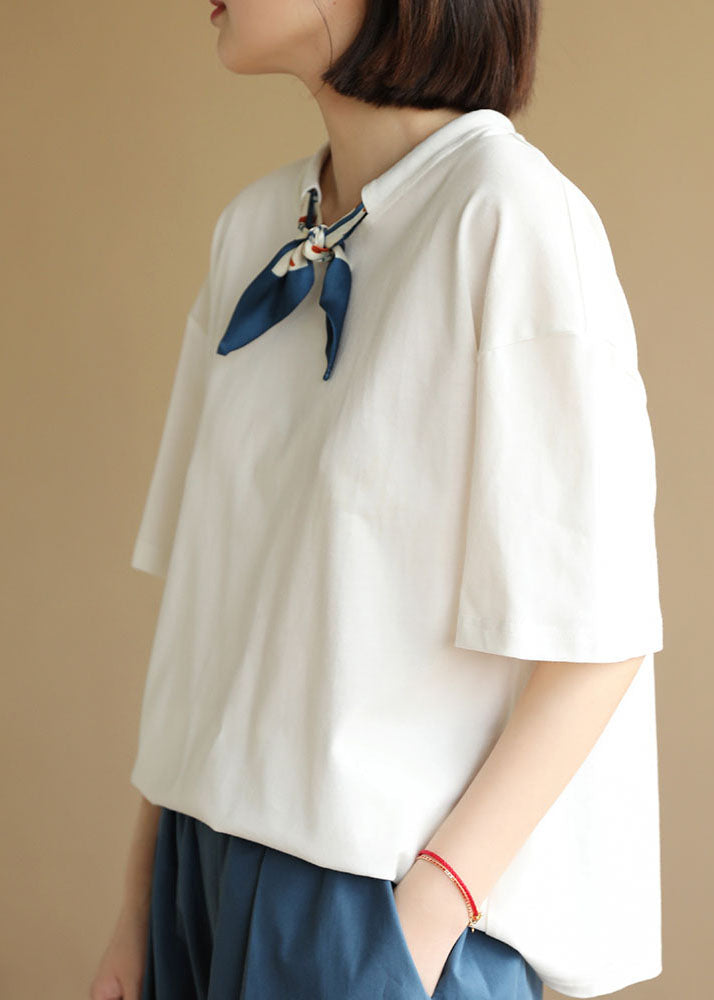 White O-neck Drawstring Bow Cotton Tank Short Sleeve