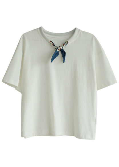 White O-neck Drawstring Bow Cotton Tank Short Sleeve
