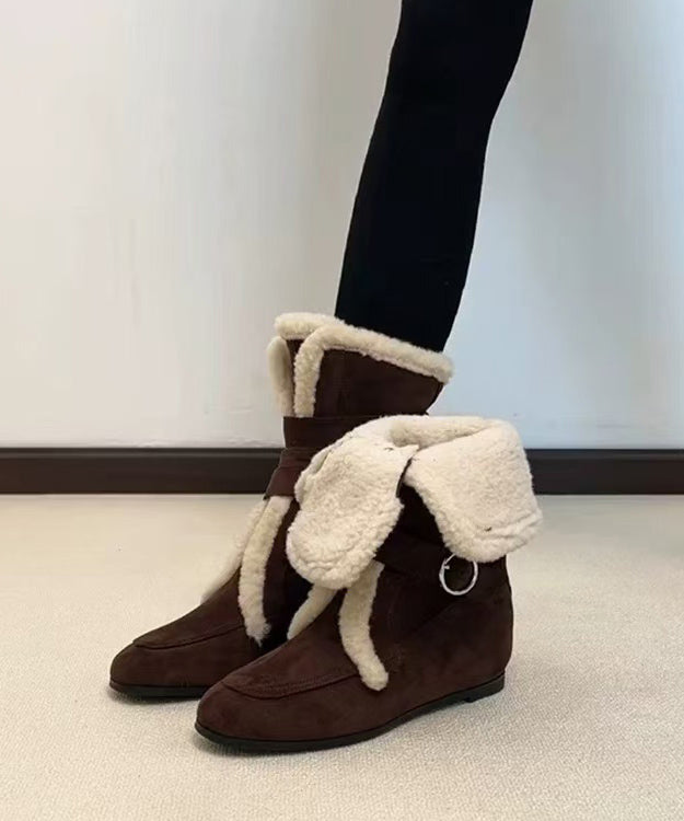 Splicing Boots Coffee Suede Fuzzy Wool Lined