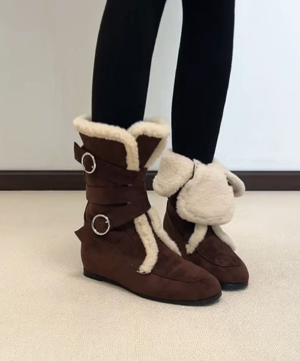 Splicing Boots Coffee Suede Fuzzy Wool Lined