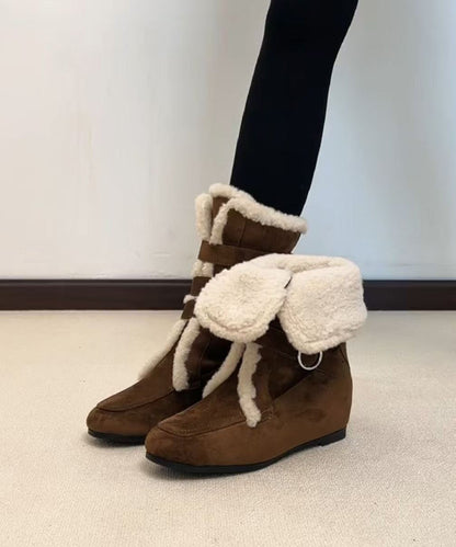 Splicing Boots Coffee Suede Fuzzy Wool Lined