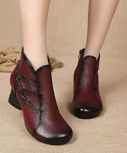 Splicing Chunky Boots Black Cowhide Leather