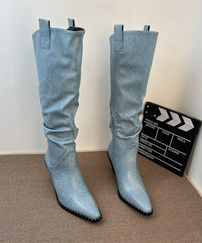 Splicing Chunky Boots Blue Faux Leather Pointed Toe