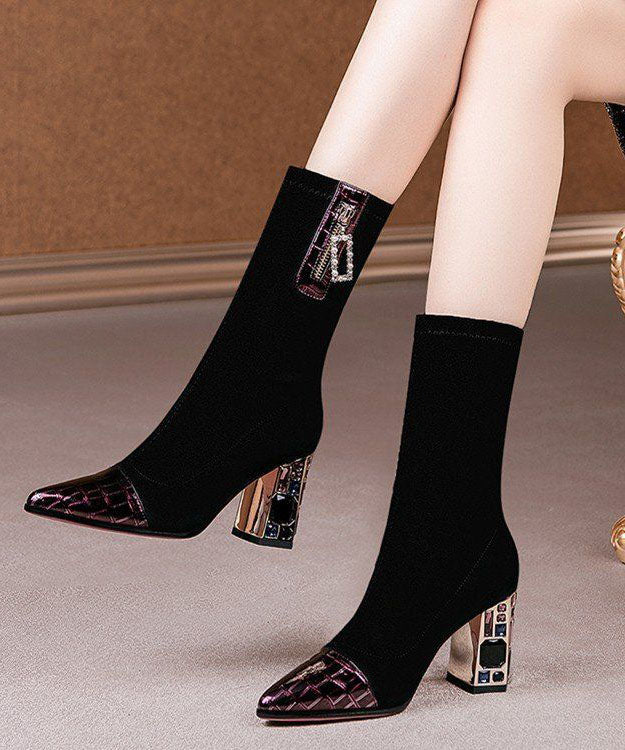 Splicing Chunky Boots Colorblock Pointed Toe