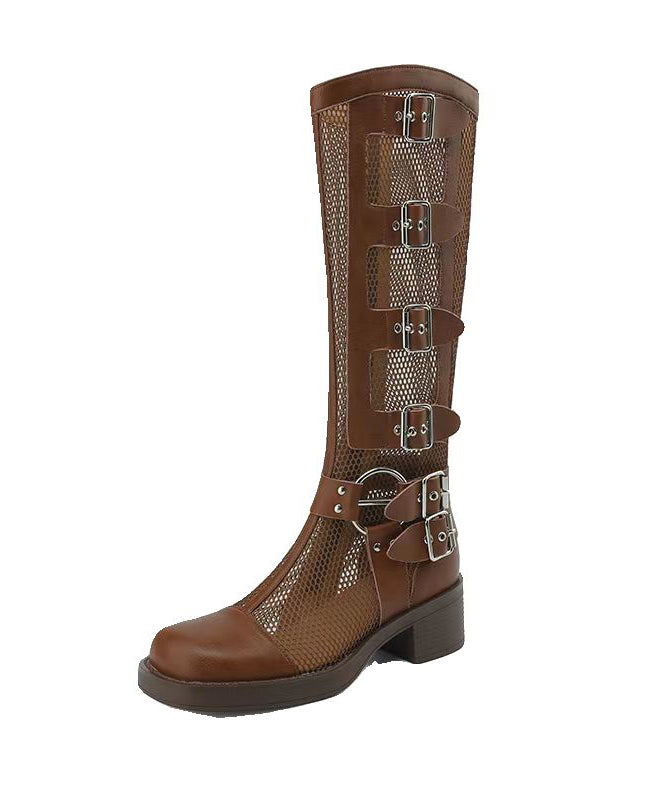 Splicing Chunky Hollow Out Breathable Boots Beige Genuine Leather