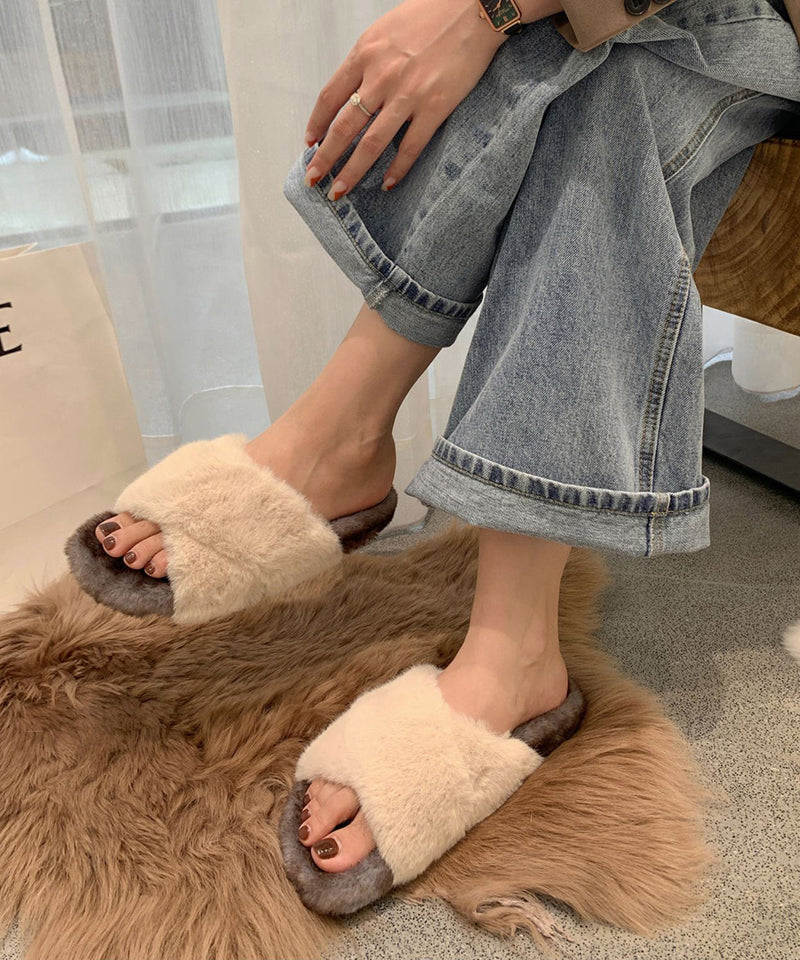 Splicing Platform Slippers Shoes Khaki Fuzzy Fur