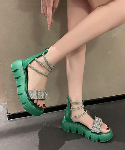 Splicing Zircon Platform Sandals Green Faux Leather