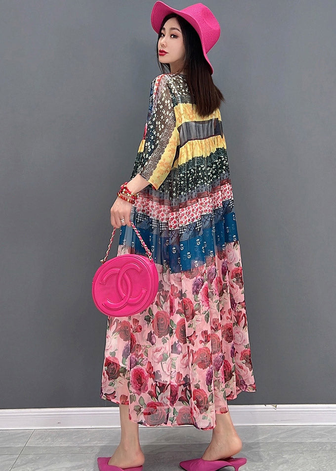 Square Collar Print Chiffon Long Dresses Short Sleeve