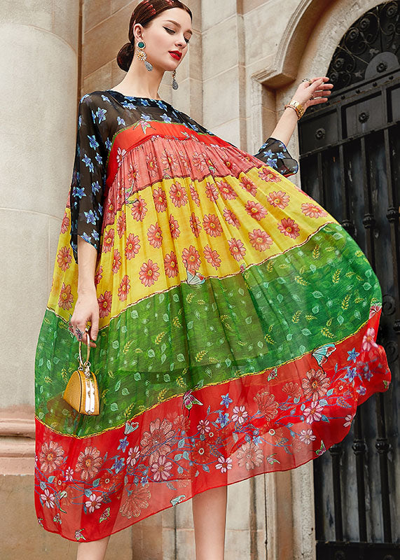 Square Collar Print Wrinkled Party Silk Long Dress Fall