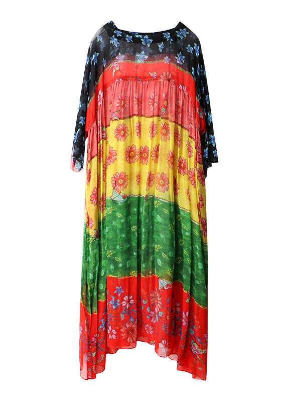 Square Collar Print Wrinkled Party Silk Long Dress Fall