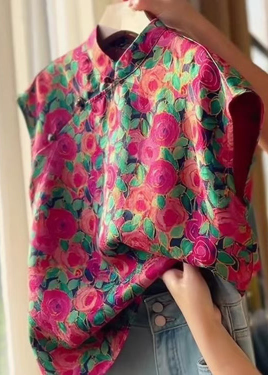 Stand Collar Button Print Silk Shirts Summer