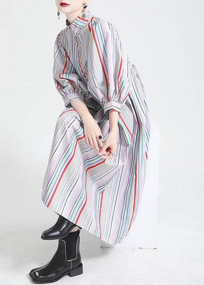 Stand Collar Multi Striped Puff Sleeve Cotton Party Dress