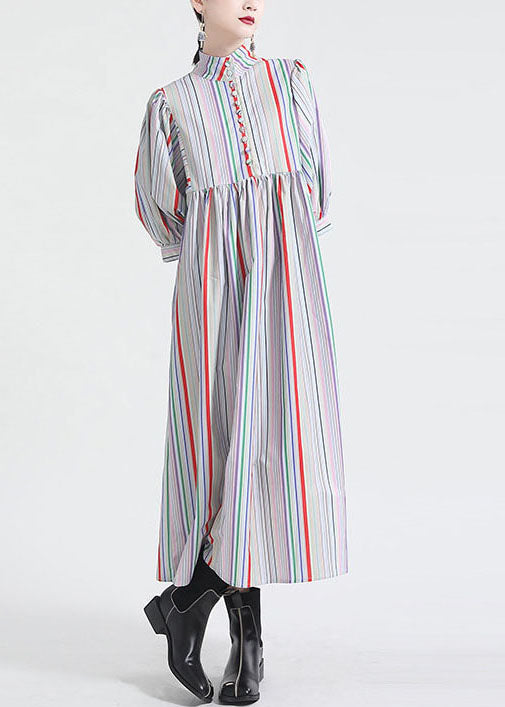 Stand Collar Multi Striped Puff Sleeve Cotton Party Dress