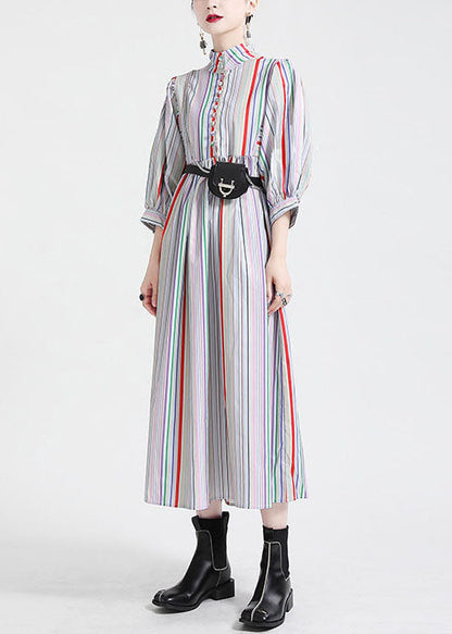 Stand Collar Multi Striped Puff Sleeve Cotton Party Dress