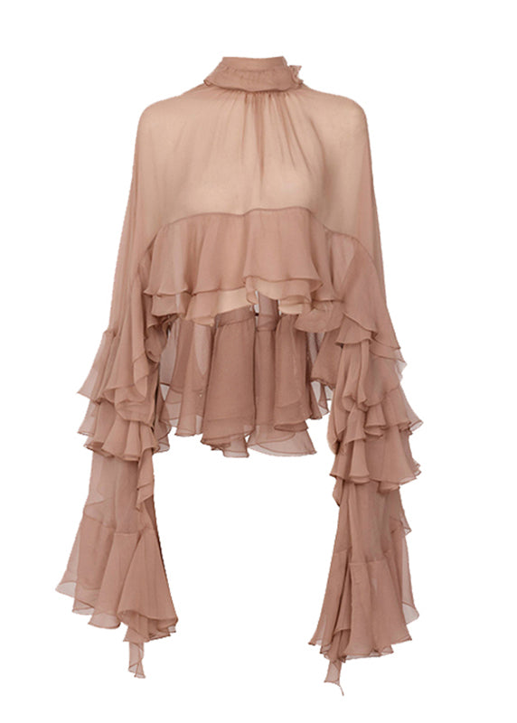 Stand Collar Ruffled Patchwork Chiffon Shirt Long Sleeve