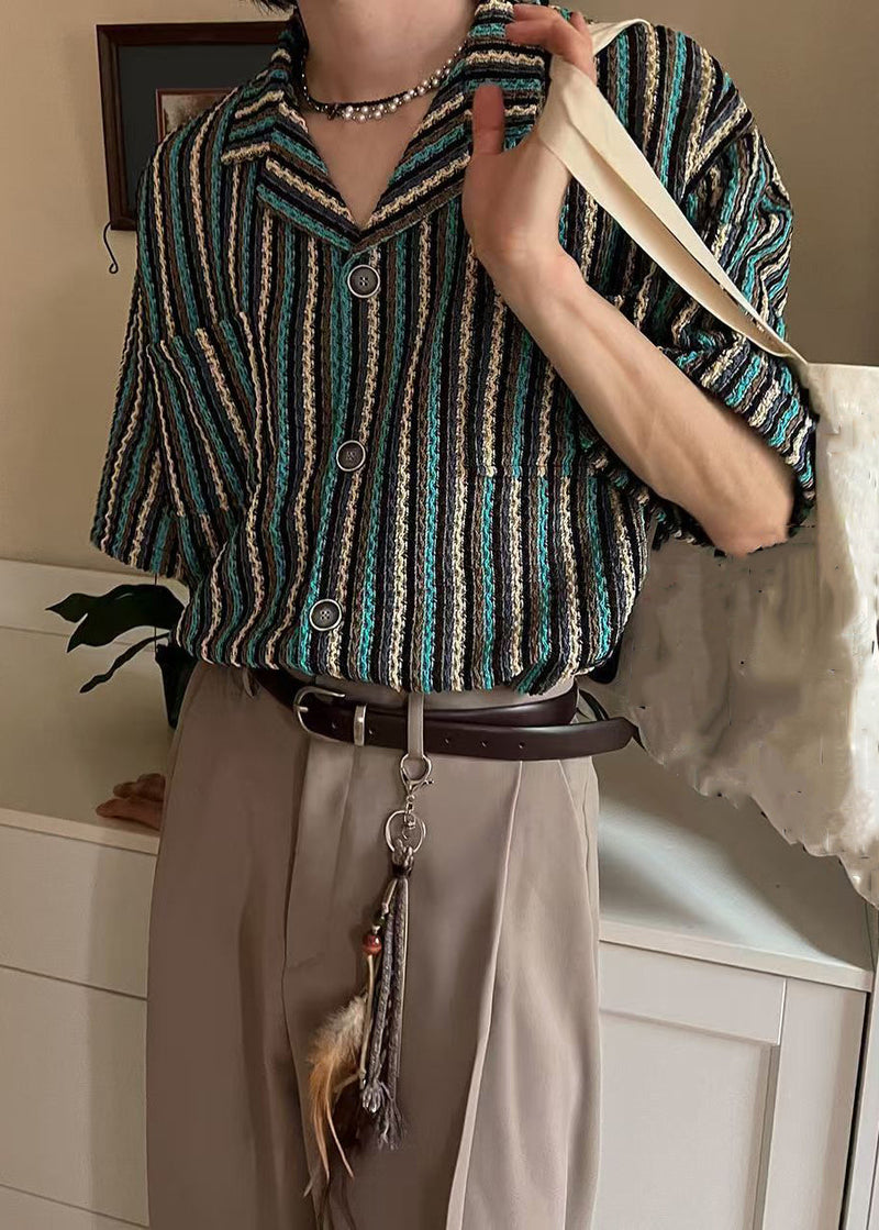 Striped Button Pockets Cotton Shirts Summer