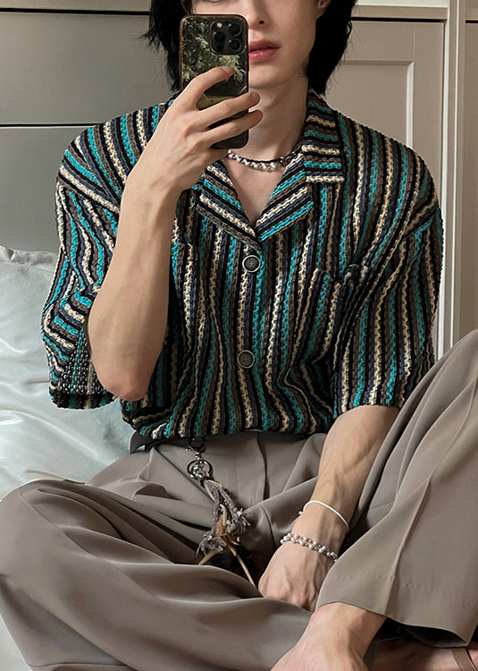 Striped Button Pockets Cotton Shirts Summer