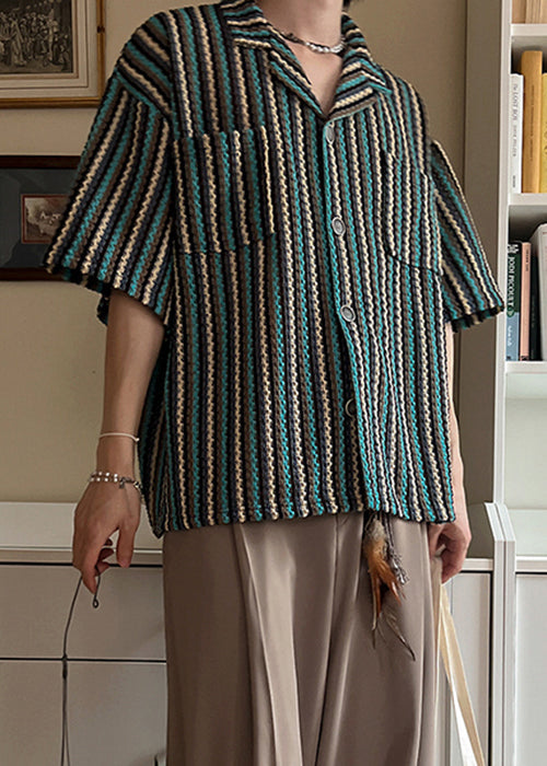 Striped Button Pockets Cotton Shirts Summer