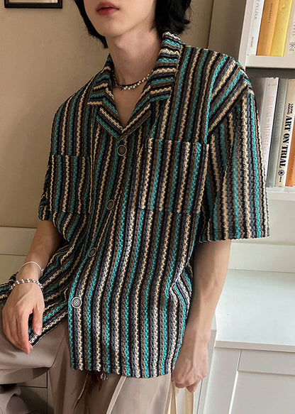 Striped Button Pockets Cotton Shirts Summer