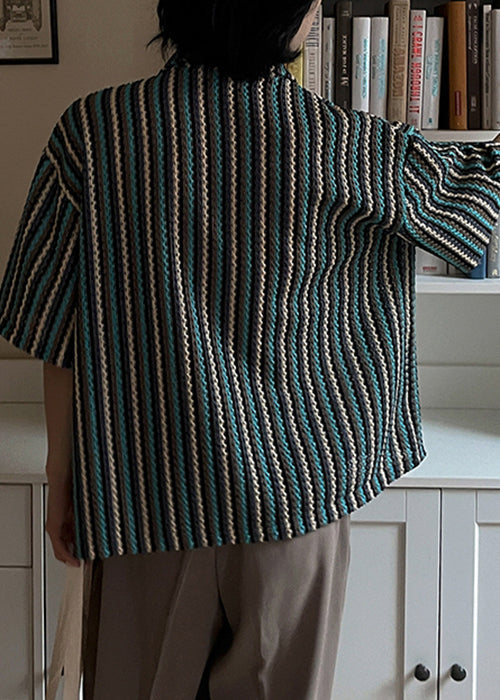 Striped Button Pockets Cotton Shirts Summer