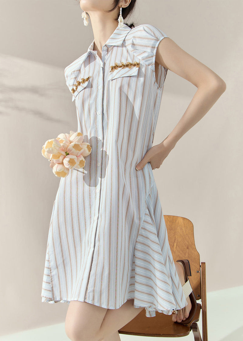 Striped Peter Pan Collar Button Holiday Mid Dress Short Sleeve