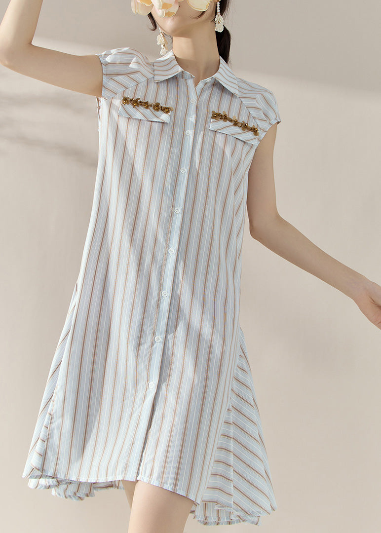 Striped Peter Pan Collar Button Holiday Mid Dress Short Sleeve