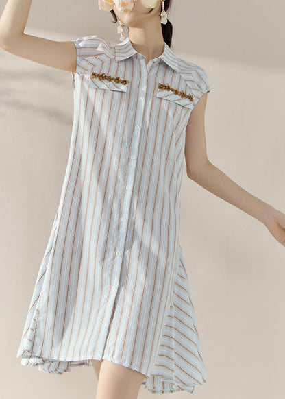 Striped Peter Pan Collar Button Holiday Mid Dress Short Sleeve
