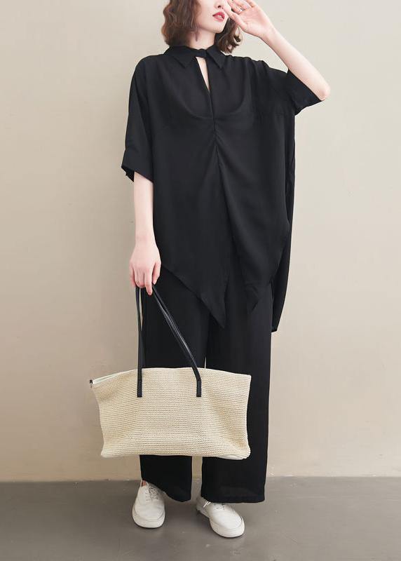 Suit Spring Loose Black Chiffon Shirt Quarter Wide Leg Pants