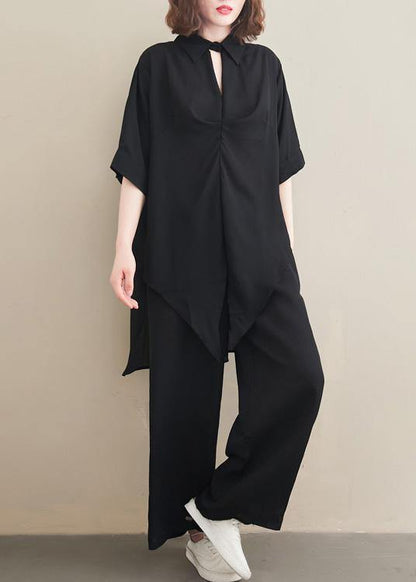 Suit Spring Loose Black Chiffon Shirt Quarter Wide Leg Pants