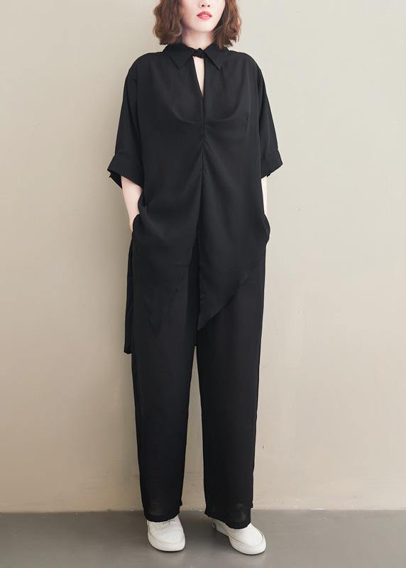 Suit Spring Loose Black Chiffon Shirt Quarter Wide Leg Pants