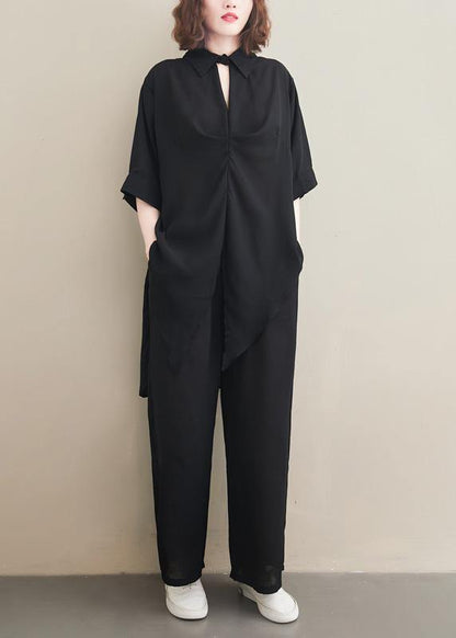 Suit Spring Loose Black Chiffon Shirt Quarter Wide Leg Pants