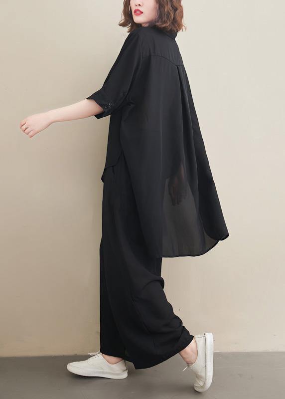 Suit Spring Loose Black Chiffon Shirt Quarter Wide Leg Pants
