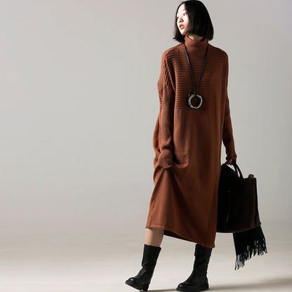 Sweater Dress Outfit Classy High Neck Cinched Brown Mujer Knit Dress