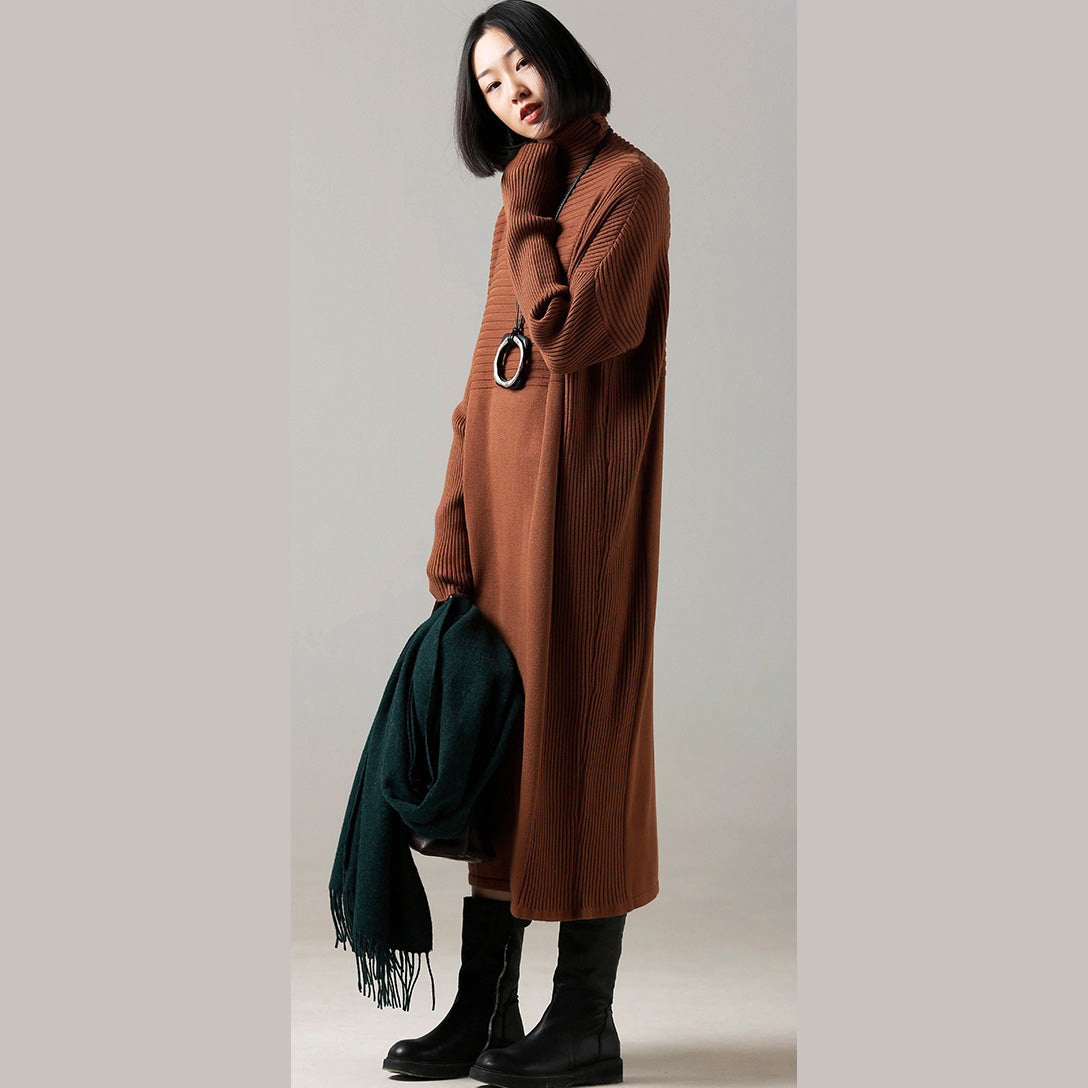 Sweater Dress Outfit Classy High Neck Cinched Brown Mujer Knit Dress