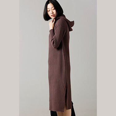 Sweater Weather Hooded Side Open Brown Largo Knitted Dress