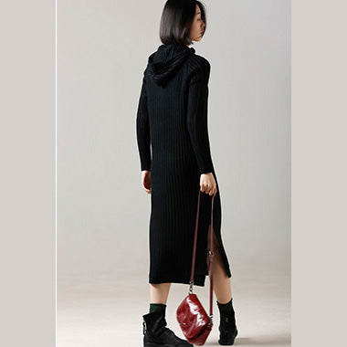 Sweater Weather Hooded Side Open Brown Largo Knitted Dress