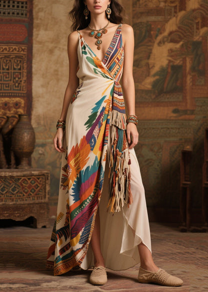 Tasseled Print Side Open Chiffon Holiday Dress Summer